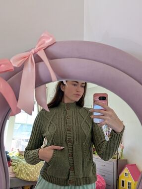 Woolrich Olive Green Cable Knit Button-Up Cardigan Size Large